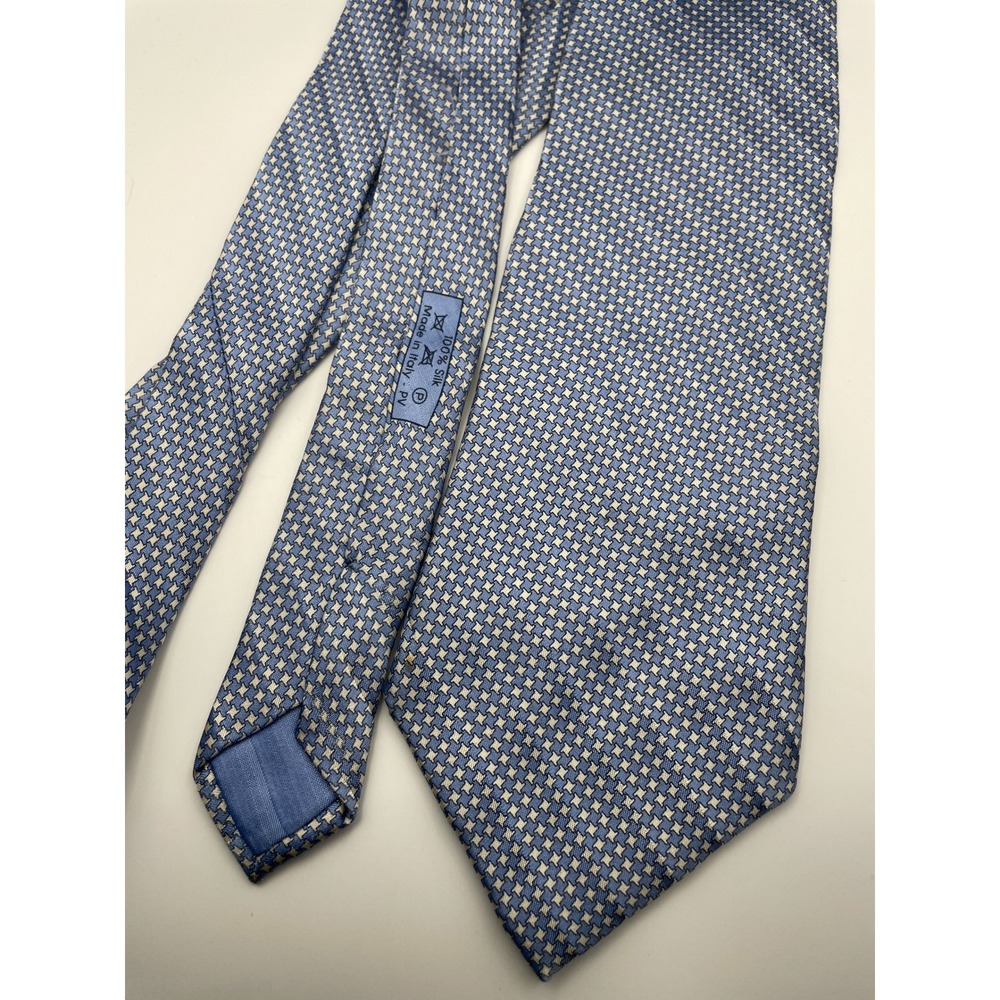 Dunhill Mens Blue Geometric Micro Pattern 100% Silk Necktie Made in Italy